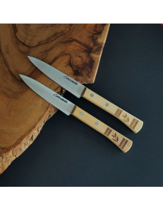 Dúo de dos cuchillos pequeños de cocina con empuñadura en madera de boj decorada de la Cuchillería de Taramundi. 2
