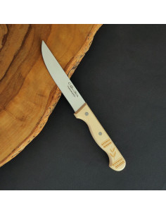 Cuchillo mesa punta vuelta con empuñadura en madera de boj decorada del artesano Carlos Quintana.