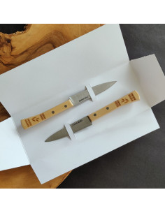 Dúo de dos cuchillos pequeños de cocina con empuñadura en madera de boj decorada de la Cuchillería de Taramundi.