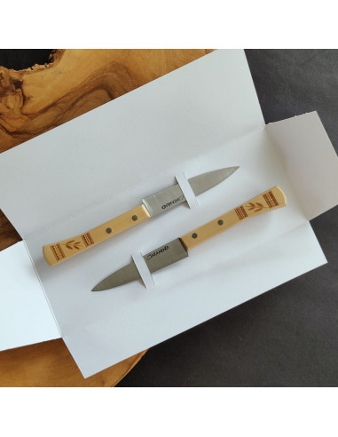 Dúo de dos cuchillos pequeños de cocina con empuñadura en madera de boj decorada de la Cuchillería de Taramundi.