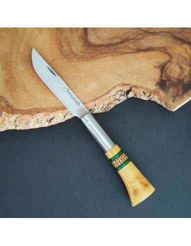 Navaja decorada con cenefa en verde y hoja terminada en punta vuelta de la Cuchillería de Taramundi